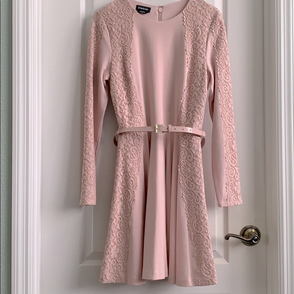 BEBE PINK FIT AND FLARE SHORT DRESS.